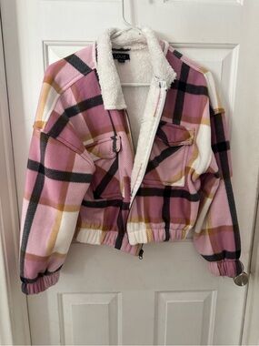Love Pink Plaid Sherpa Bomber Jacket with Mustard Accents